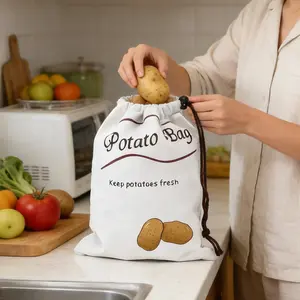 Reusable Vegetable Storage Bag, Breathable Freshness Fabric, Drawstring Closure, Ideal for Onions, Potatoes, Kitchen, Picnic, Fresh Vegetables