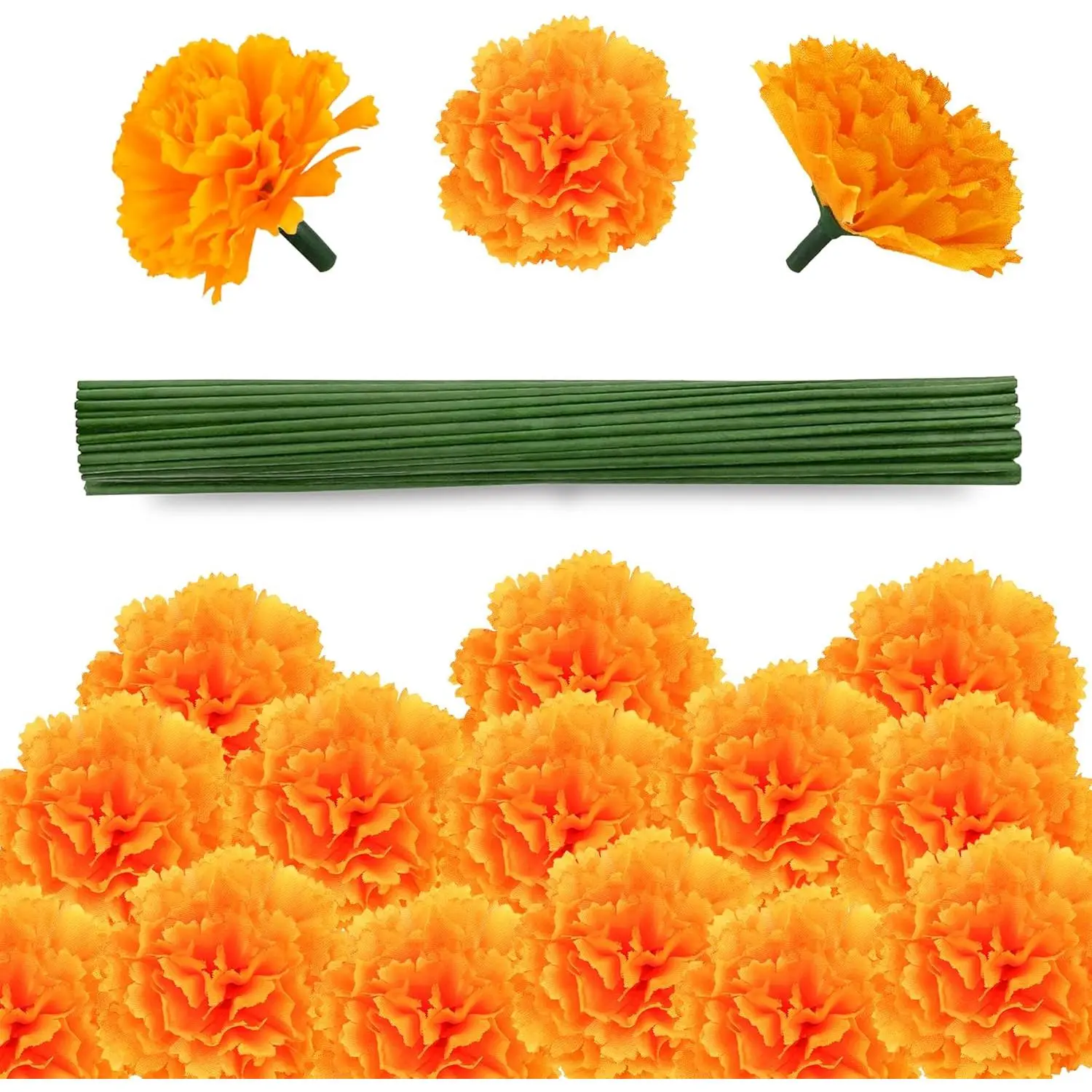 80 Pcs Artificial Marigold Flowers,2" Silk Marigold Flower Heads with Stems,Orange Flowers Artificial for Diwali Decor,Indian Wedding,Home,DIY Wreath Garland,Day of The Dead Decorations
