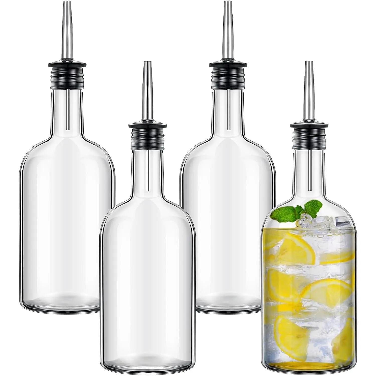 4 Pcs 17oz Glass Syrup Bottle for Coffee Bar Glass Liquor Bottle Long Neck Bottles Pour Bottles with Pourer & Caps for Liquor Wine Juice Snowcone Syrup