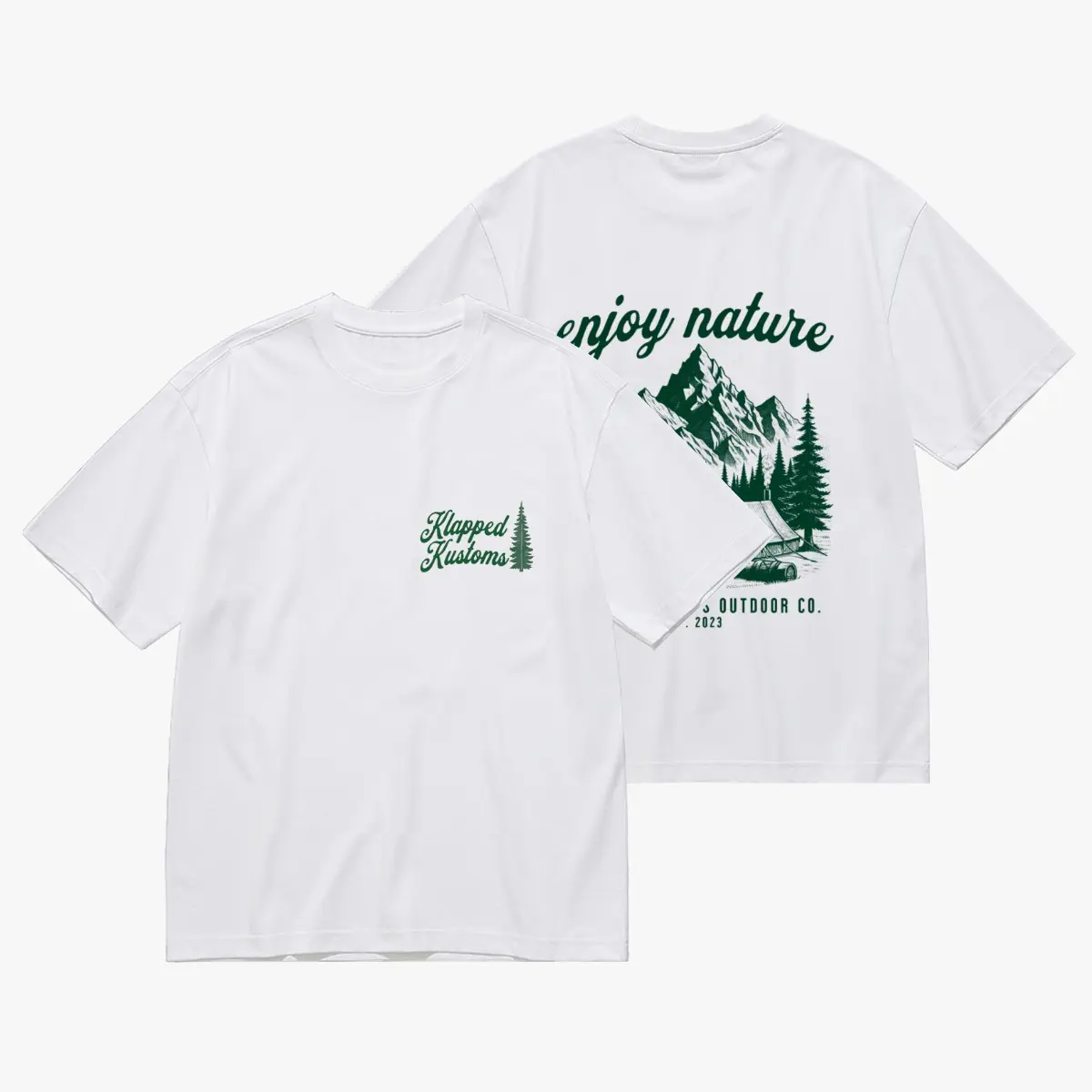 Enjoy Nature Mountain Outdoor Graphic T-Shirt 2 Side Printed Classic White 100% Cotton Oversized Short Sleeve Tee Camping Hiking Aesthetic Unisex Mens Womens Lightweight Soft Summer Casual Top Gift Vintage