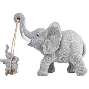 2-Piece Mini Swinging Elephant Resin Statue Set, Handmade Cute Desktop Art Figurine Ornament for Home Decor & Gifts