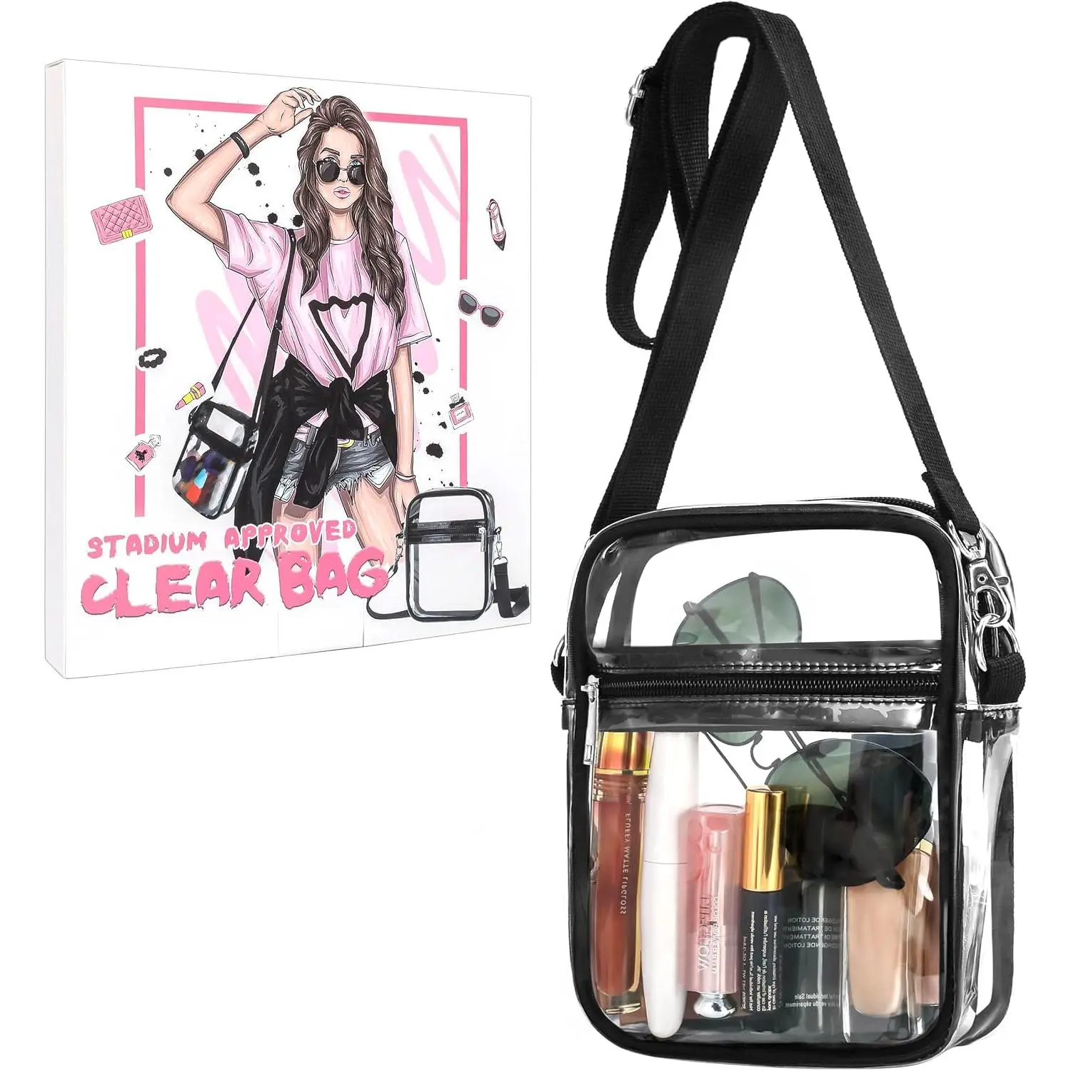 Clear Crossbody Purse Bag - Stadium Approved Concert  Bag for Women with Adjustable Strap