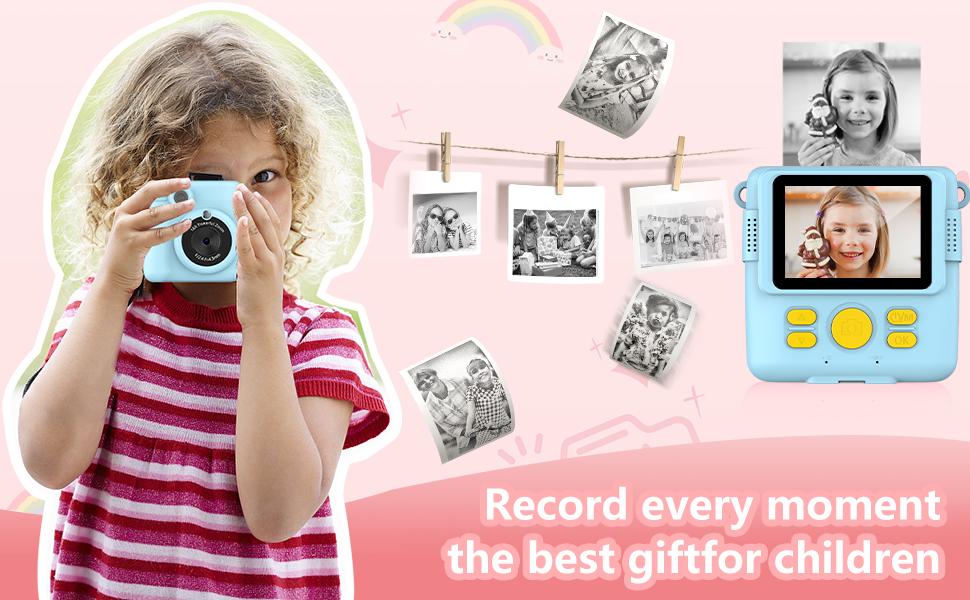 Kids' Compact Instant Print Camera - 1080P HD Digital Video Camera, 3-12 Age Christmas/Birthday Gifts, 3 Rolls Photo Paper, 32GB Card, Lanyard, Type-C USB, Colorful Pens, Large Screen, Soft Plastic Portable Toy - Blue