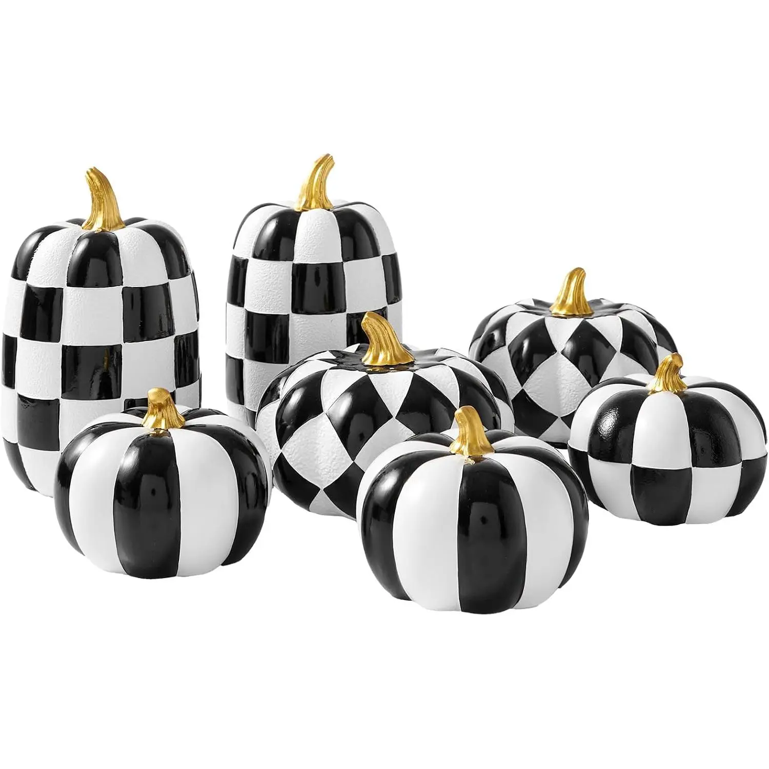 WDS WONDROUS 7PCS Decorative Pumpkins, Halloween & Fall Decor for Table | Black and White, Thanksgiving, Faux Checkered Pumpkins Table Centerpieces, Modern Resin Pumpkin Decorations for Farmhouse