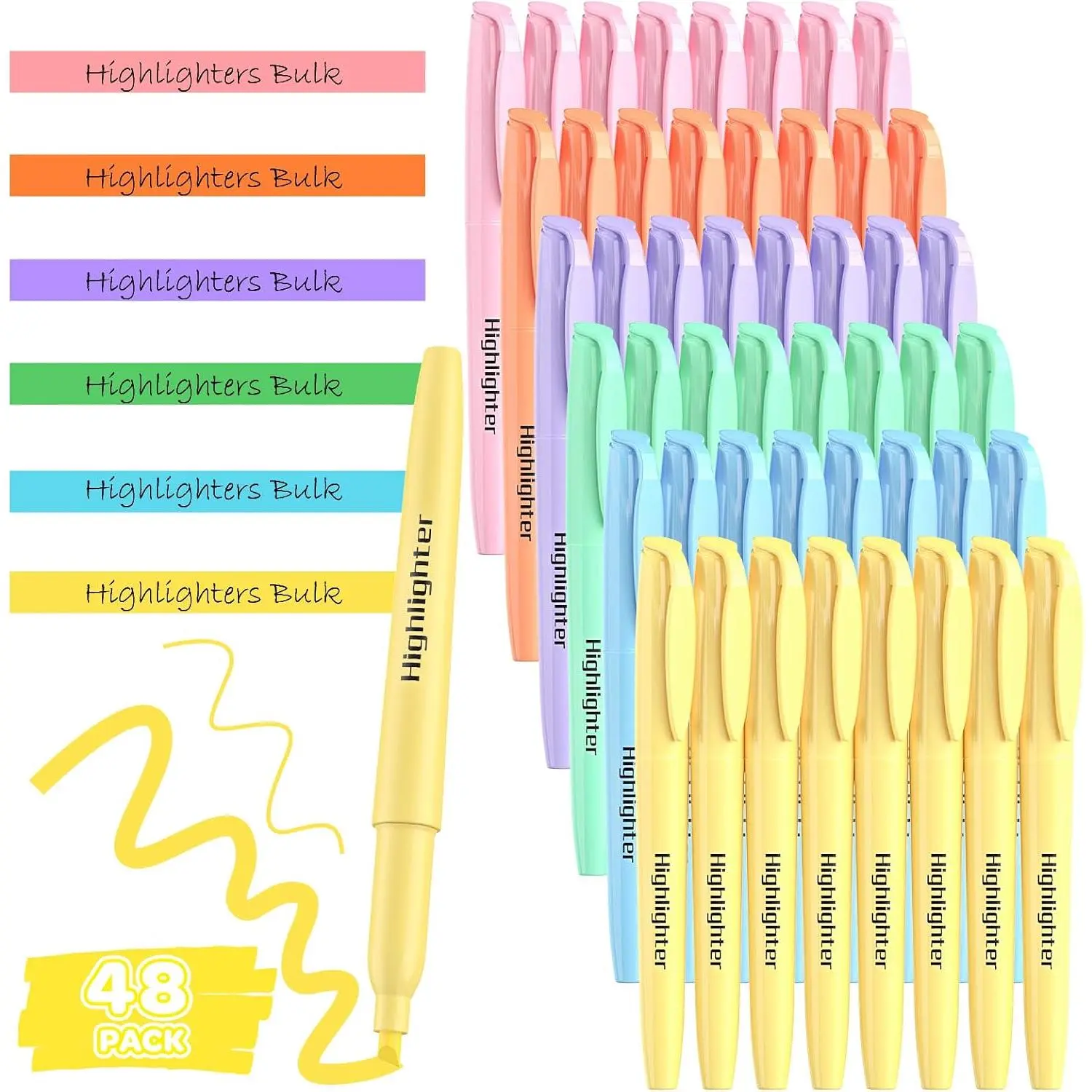 48 Pack Pastel Highlighters - 6  Colors Bulk Set with Chisel Tip, Quick Dry Ink and No Bleed Through, For Studying, Note-Taking,  to School, Office, Students & Teachers Supplies