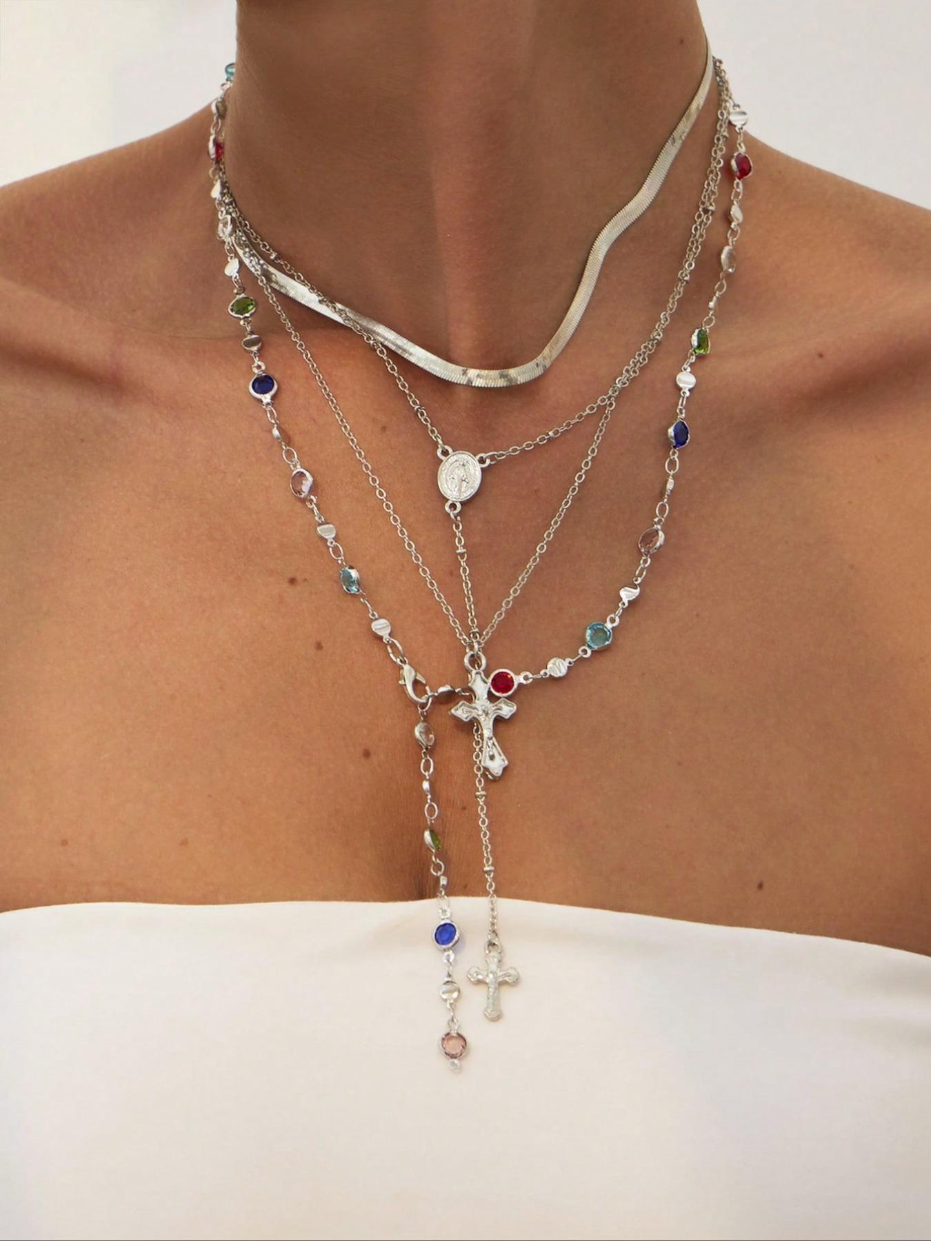 4 Piece Vintage Metal Jesus Cross Y-Style Long Necklace Set, Stunning Bohemian Colorful Crystal Pendant for Women, Perfect for Everyday and Vacation Wear, Layered Necklaces