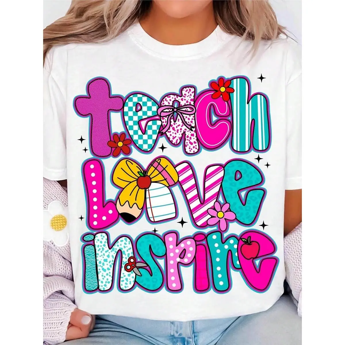 Women's Teacher T-Shirt - Teach Love Inspire Graphic Tee - Soft Breathable Shirt - Teacher Apparel With Pink, - Educator Gift For Women - Lightweight Everyday Outfit - Teacher Appreciation Present - Staff Clothing - All-Season Comfort Fit, Playful Design,