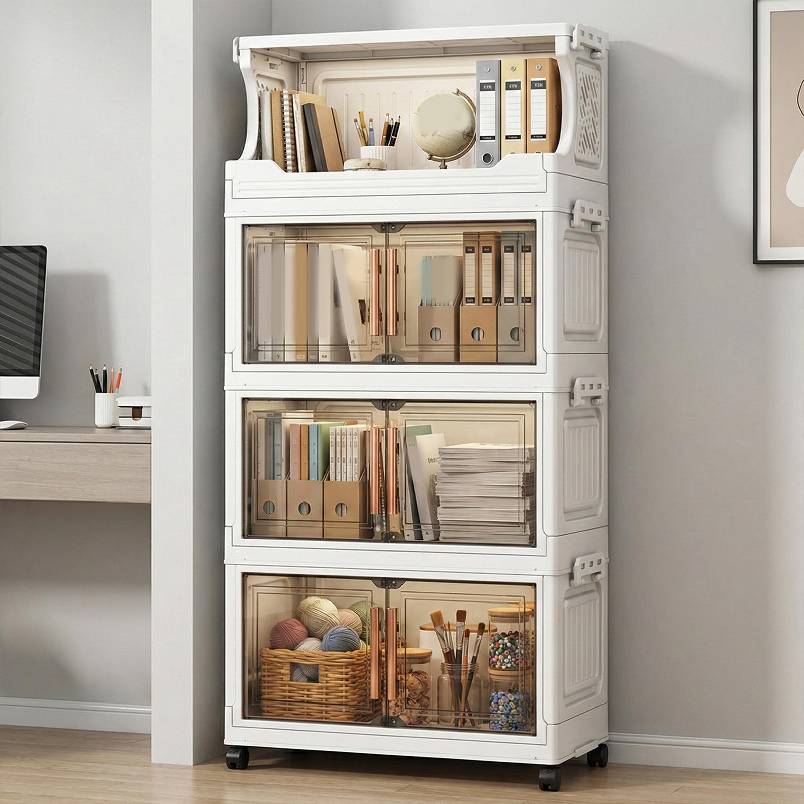 3 Tier Stackable Plastic Storage Bins with Doors and Wheels 42cm Foldable Plastic Storage Container Large Capacity for Craft Home Pantry DormTransparent