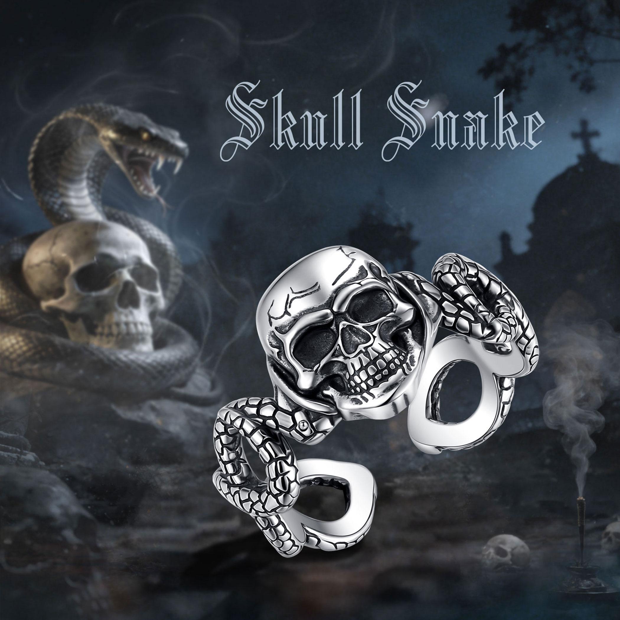 Eudora 925 Sterling Silver Skull Serpent Ring Adjustable Open Band Vintage Oxidized Snake Skeleton Gothic Punk Statement Jewelry for Men Women