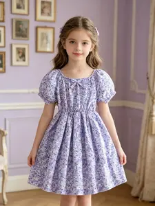 Young Girls Summer Elegant Dress, Floral Print Bubble Sleeves, Bow Tie Neckline, Casual Fashion Cute Style, Perfect for Parties Outdoor Wear, Floral Printed Dress, Dresses Summer