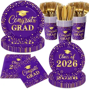 Graduation Plates and Napkins 2026, Purple and Gold Disposable Paper Plates Napkins Cups for Class of 2026 Party Supplies, Serve 25