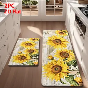 2pcs/3pcs Flannel Kitchen Mat Set, Vintage Sunflower Design, Non-Slip, Absorbent, Ideal for Kitchen, Bathroom, Laundry Room, Hallway