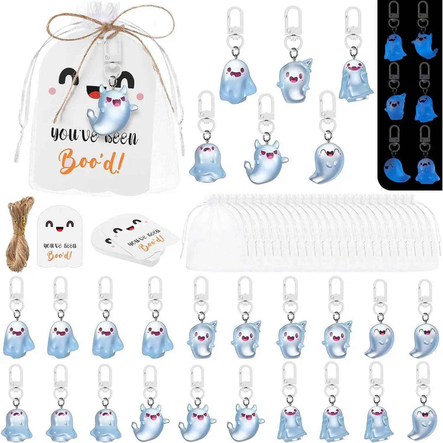 20 Pack Halloween Ghost Keychains, Glow in The Dark Ghost Key Rings with Boo Tags, Cute Spooky Party Favors for Boo Baskets, Gift Bag Stuffers, Women Bags & Wallet Charms