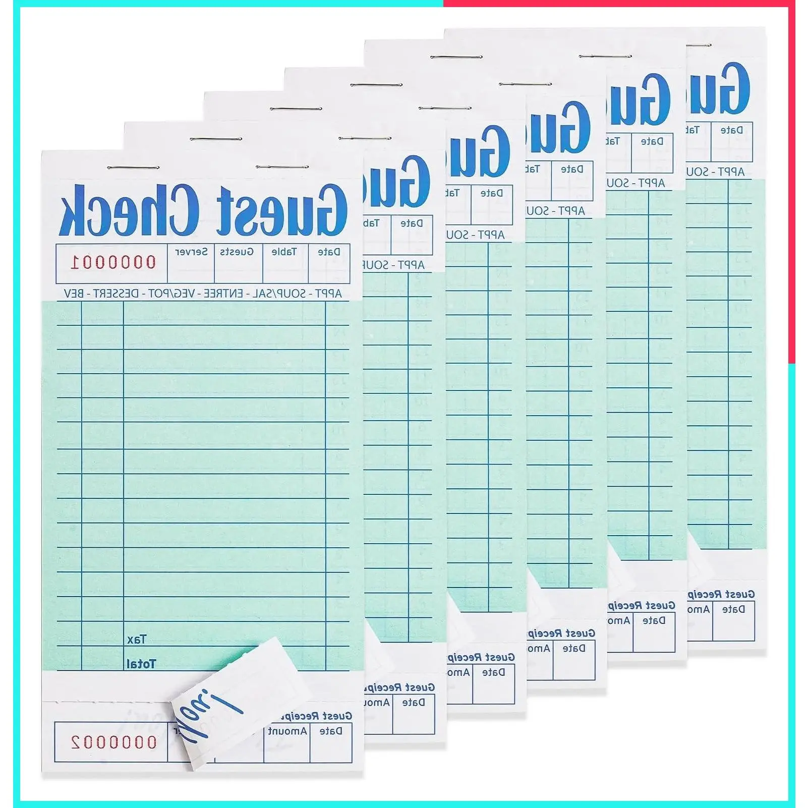 6 Pack Green Guest Check Books with 50 Sheets Per Book, Server Note Pads, Waiter Checkbook / Waitress Notepad for Restaurants, Perfect for Servers