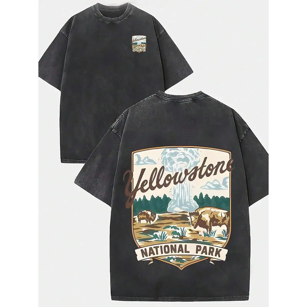 Men's Heavyweight Washed Graphic Tee, Vintage Nature Print Oversized Streetwear T Shirt For Summe