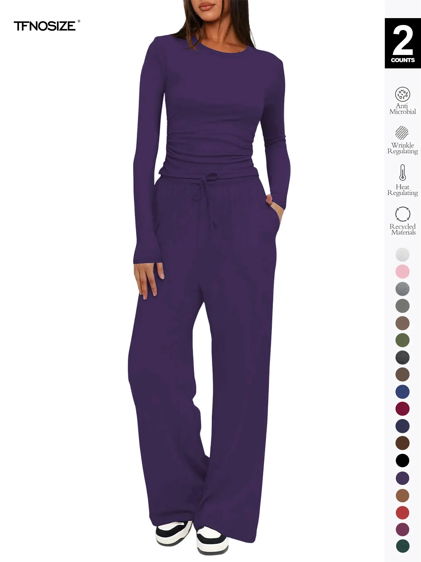 Two-piece Set Women's Solid Ruched Tee & Drawstring Pocket Pants Lounge Set, Casual Long Sleeve T-shirt & Elastic Waist Trousers, Ladies Sleepwear for All Seasons