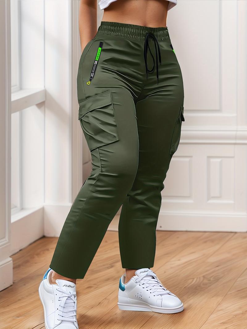 Women's Heavy-Duty Cargo Pants with Multi-Zipper Pockets & Neon Green Accents – Full-Length Trousers for Outdoor, Travel & Casual Wear in Spring/Fall Seasons – Belt-Style Waist Drawstring and Non-Slip Leg Construction