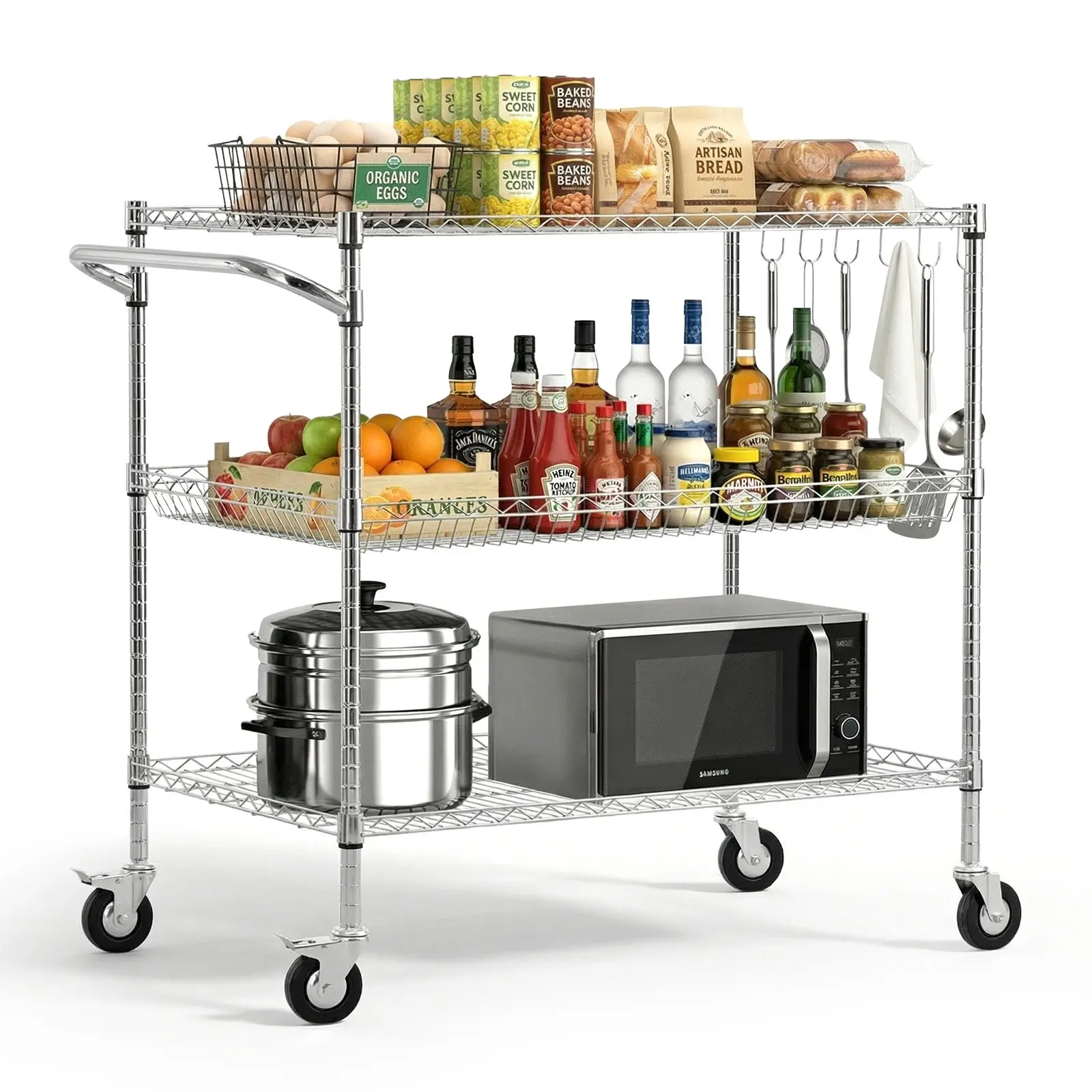 VEVOR Heavy-Duty 3-Tier Wire Storage Cart with Shelves & Basket, Adjustable Wire Shelves Organiser, Steel Rolling Service Trolley with Handle Bar, Work Table for Garage & Laundry Room, 40x25x40.9 in