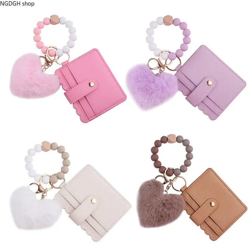 Silicone Beaded Wristlet Keychain Set With Plush Heart Charm PU Leather Mini Card Holder Wallet Elastic Wrist Bangle Key Ring Portable ID Card Purse For Women Daily Travel Accessory