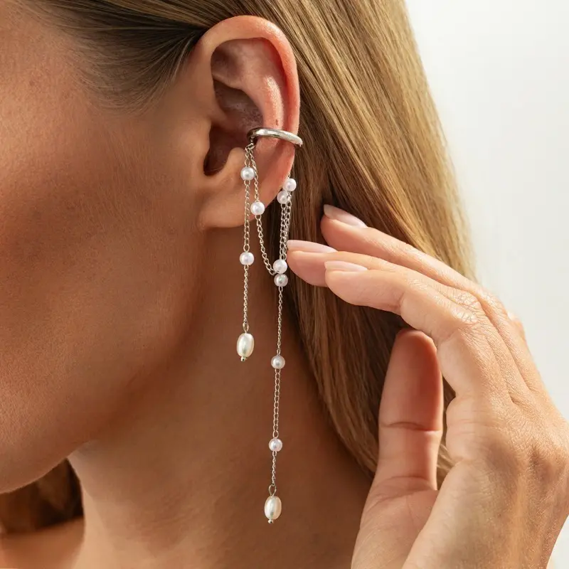 Asymmetric Clip-On Earrings, Women's Faux Pearl Tassel & Ceramic Heart Long Dangle Ear Clips, No-Piercing All-Day Secure Accessory for Party & Birthday Gift, Clip Earrings, Accessory Lover