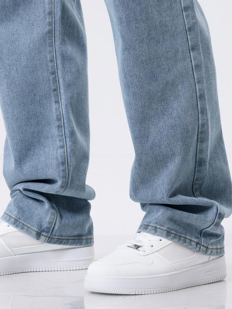 Men's Drawstring Elastic Waist Jeans, Washed Vintage Straight Leg Denim Jeans, Comfortable Fitted Style, Casual Daily Wear Men's Drawstring Elastic Waist Jeans, Washed Vintage Straight Leg Denim Jeans, Comfortable Fitted Style, Casual Daily Wear