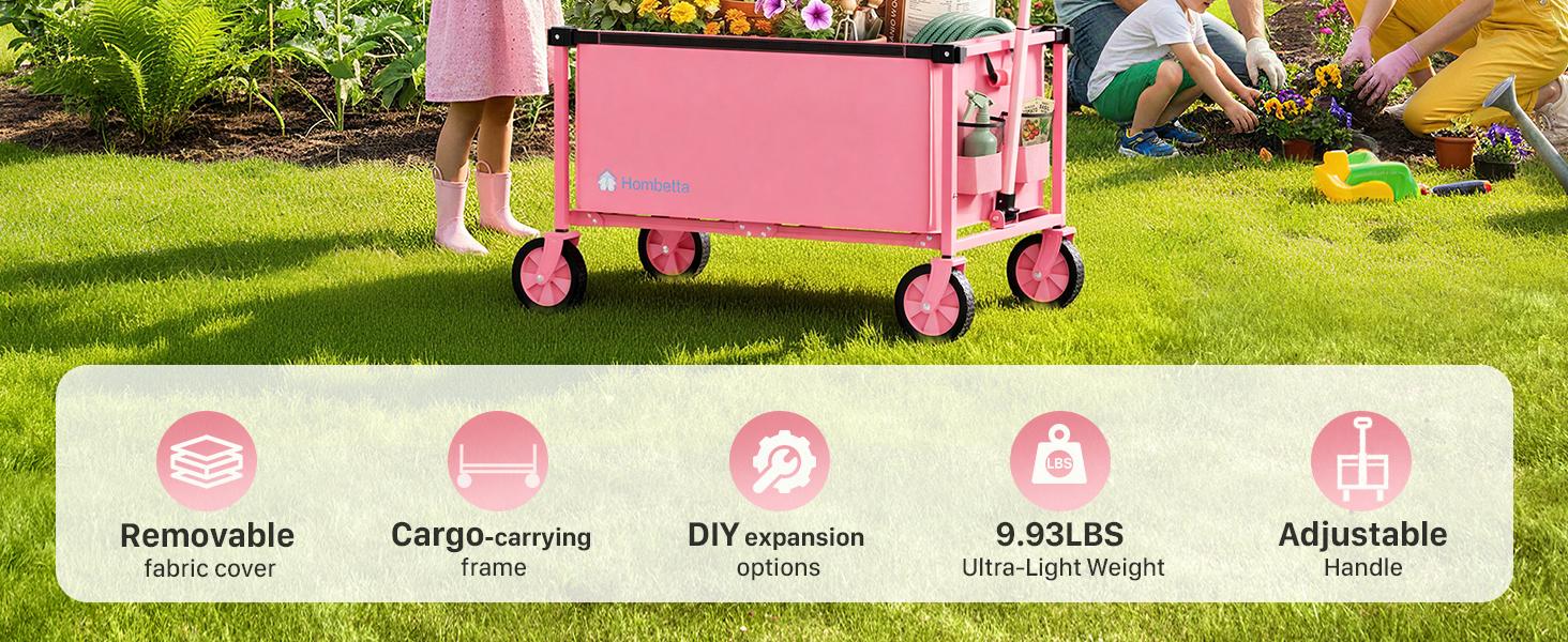 Collapsible Wagon Cart with Wheels, 150L Lightweight Foldable Cart, Rolling Wagon for, Shopping, Sports, Camping, Transport, Pink