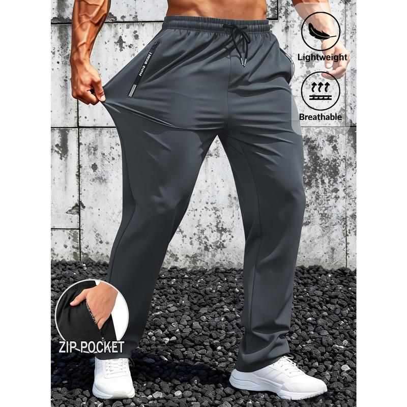Men's Nylon Sporty Joggers (S Size) - Male Slogan Design, Elastic Waistband with Drawstring, Stretch Breathable Water-Resistant Fabric, Straight Cut, Zippered Utility Pockets, Casual Chic Style, Cold Wash, Ideal for Fitness Running