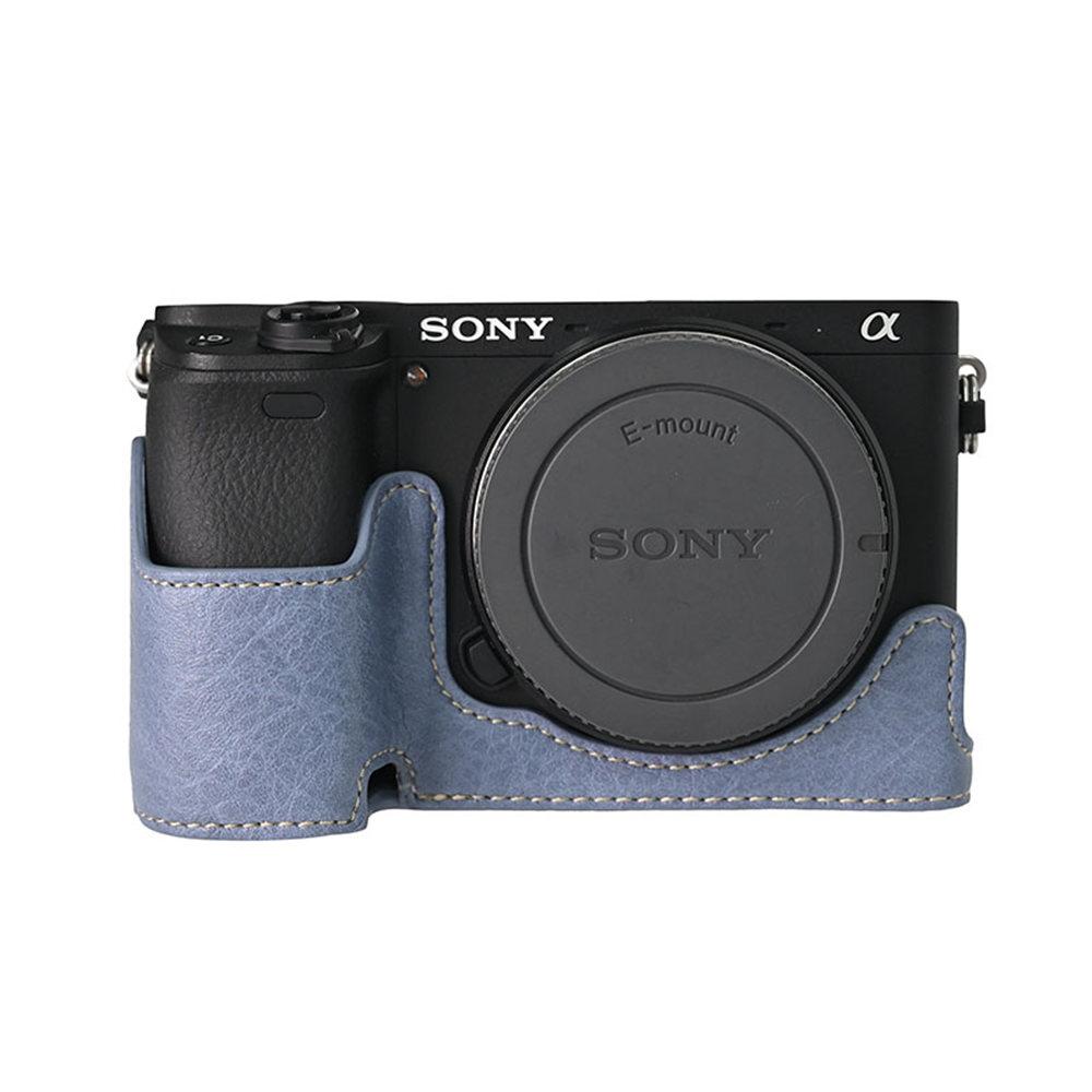 Litchi Pattern PU Leather Camera Half Case for Sony A6300 A6400 A6000 A6100 Bottom Opening Magnetic Cover With Strap