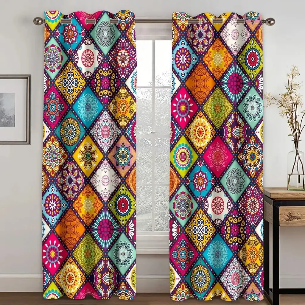 Boho Colorful Mandala Diamond Grid Printed Curtains 2 Panels, Ethnic Floral Geometric Washable Polyester Rod Pocket Drapes