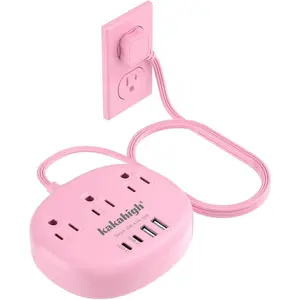 Pink Extension Cord with USB C - 5 FT Kawaii Power Strip, 1625W Cute Extension Cord with 3 AC Outlet 4 USB (24W/4.8A), Compact for Cute Pink Kawaii Desk Home Essentials