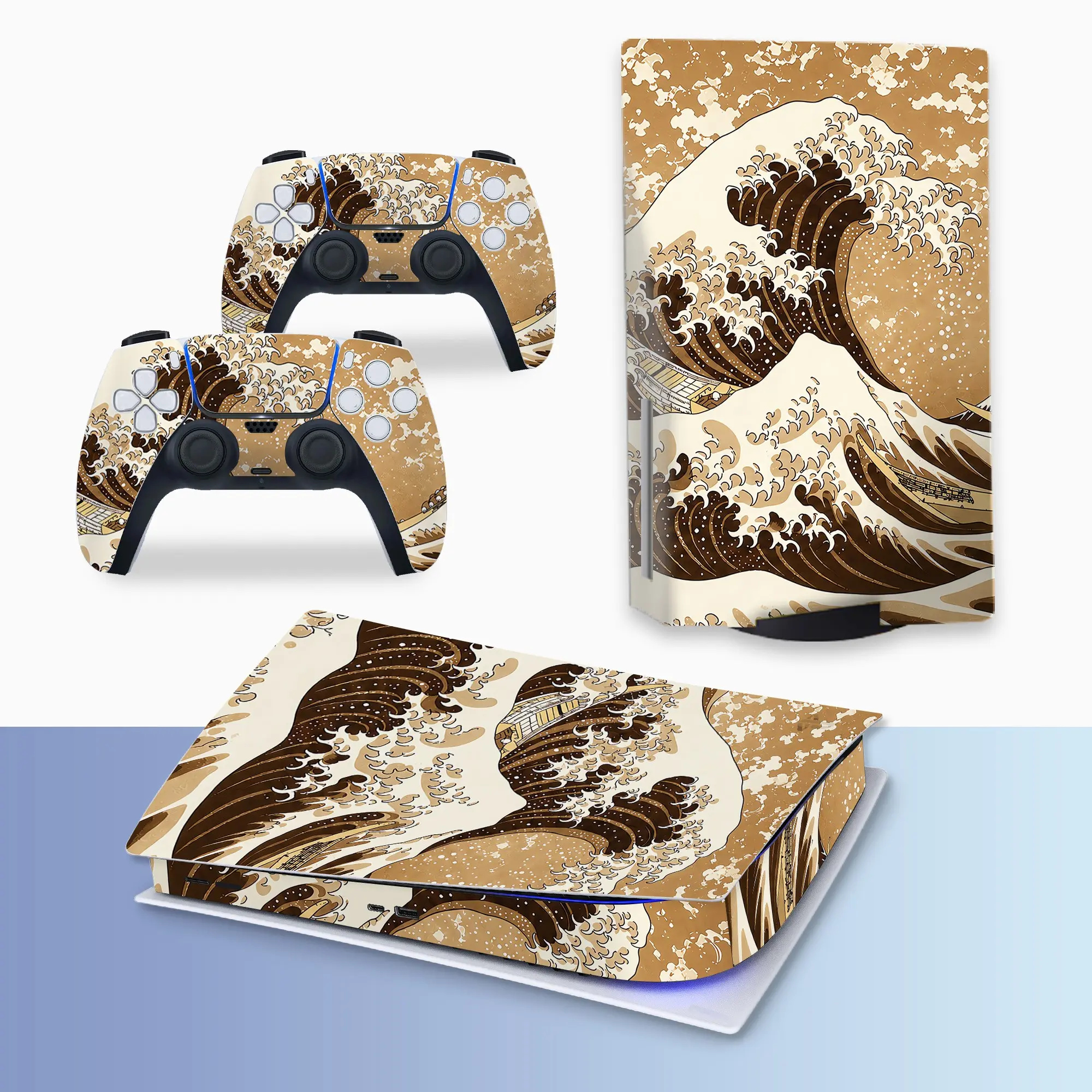 Sepia Brown Ukiyo‑e Great Wave Ocean Vinyl Skin Decal Set for PS5, Includes Console Skin + 2 Controller Skins, Retro Sepia Tone Ocean Wave Art Pattern, Durable Scratch‑Resistant, Removable No Residue PVC Vinyl Sticker