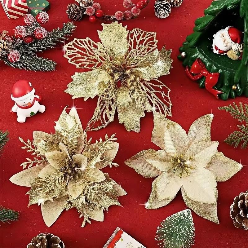 6-24Pcs 15cm Artificial Christmas Flowers with Clips Stems, Xmas Tree Ornaments Glitter Flower for Garland New Year Party Decor