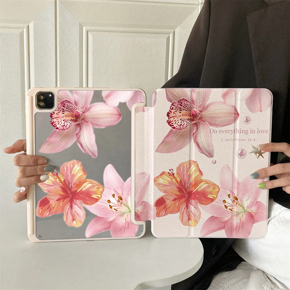 Watercolor Lilies Flowers iPad Case, TPU Plastic Casing with Auto Sleep-Wake, Magnetic Closure, Trifold Stand, Protective PU Leather Smart Cover for iPad Pro, Air 6/5/4/10, Pink Orange with Inspirational Quote - Electronics Accessories for Protection