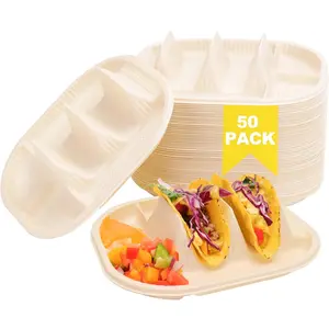 50 count Small Disposable Taco Plates for Party, Cornstarch Taco Holders with 2 Dipping Areas, Hold for 2 Tacos, Square Fiesta Taco Trays for Taco Night, Microwave Safe