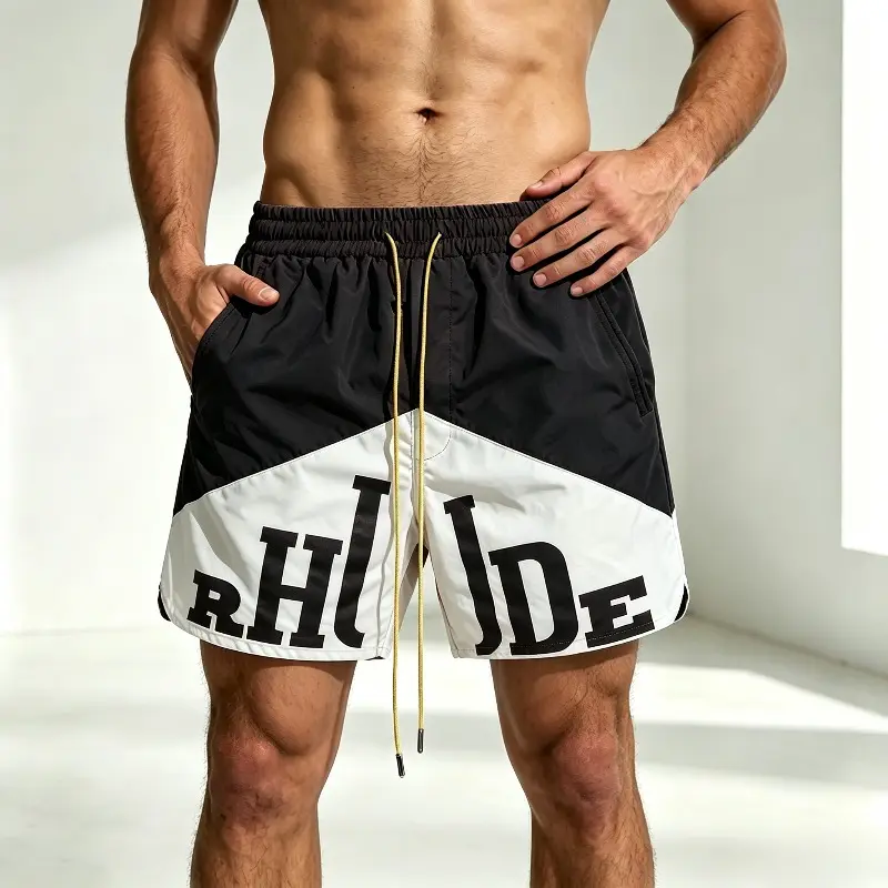 Men's Color Block Letter Print Beach Shorts, Lightweight Quick Dry Drawstring Waist Casual Summer Athletic Board Shorts for Beach Gym Vacation