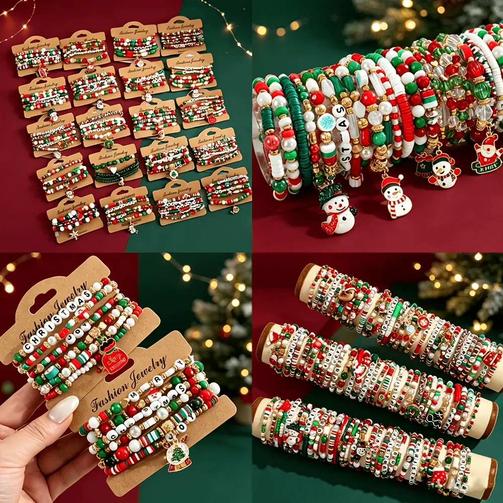 Women's Merry Christmas Elastic Bracelet Set - 10/20/30Pcs Polymer Clay Beads, Santa/Reindeer/Snowman Festive Charm Jewelry, Elastic Fit, Party Wear & Casual Xmas Winter Gift