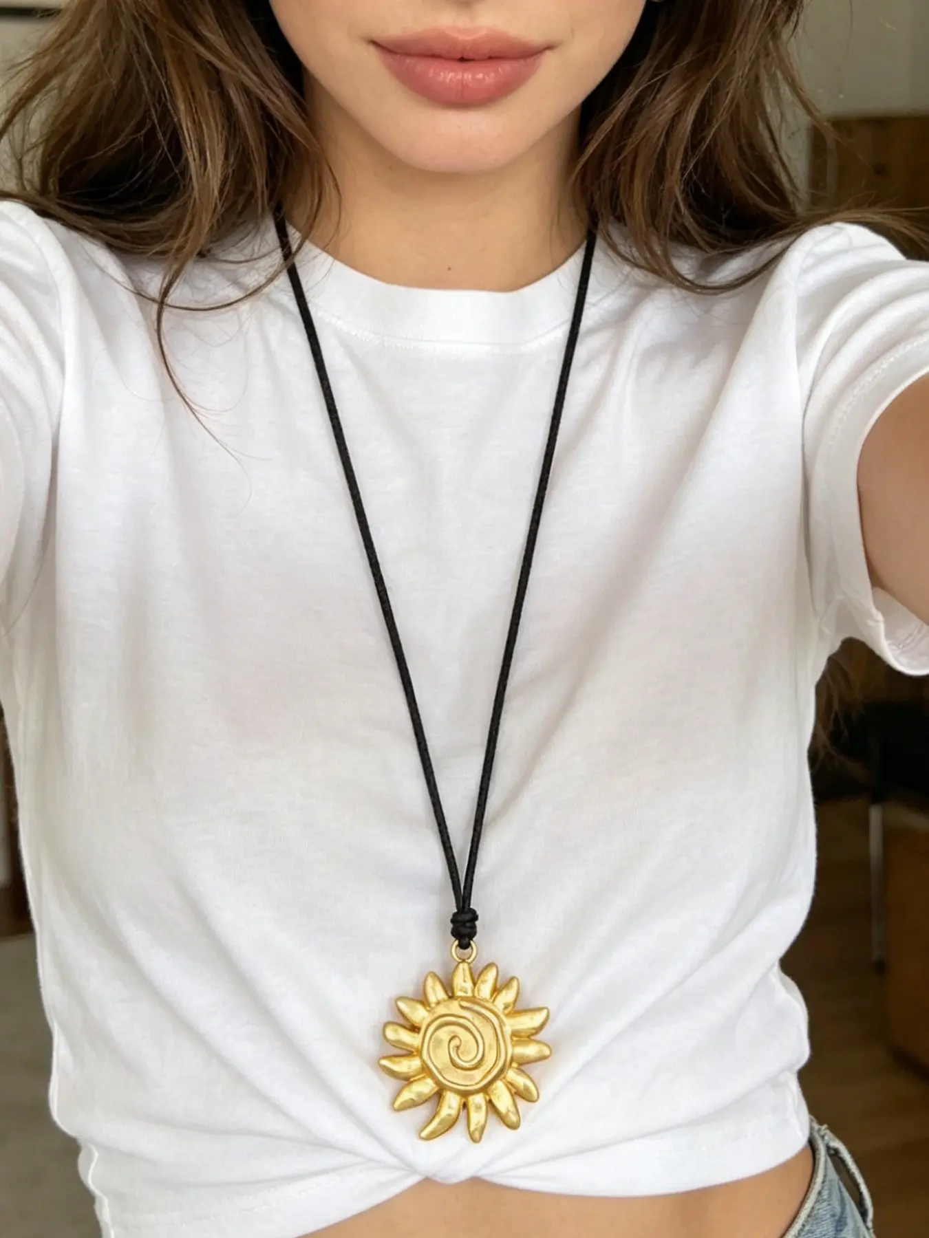 1pc Bohemian Spiral Swirl Sunburst Flower 34"Cord Necklace Fashion Jewelry, Gold Silver Two Tone Elegant Sun Pendant Adjustable Wax Rope Beach Statement All Sesons Jewelry