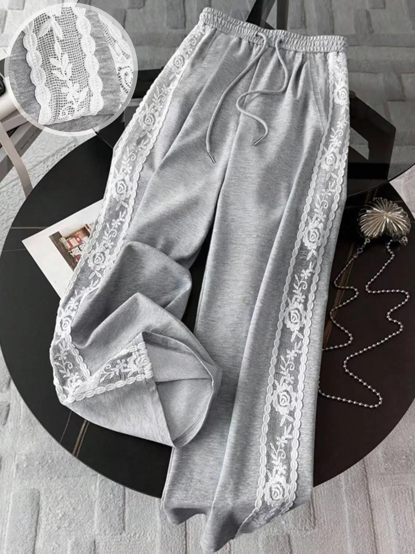 Women's Lace Edge Sweatpants, Wide Leg Casual Long Pants, Side Floral Lace Patch Design, Soft Comfortable Daily Wear