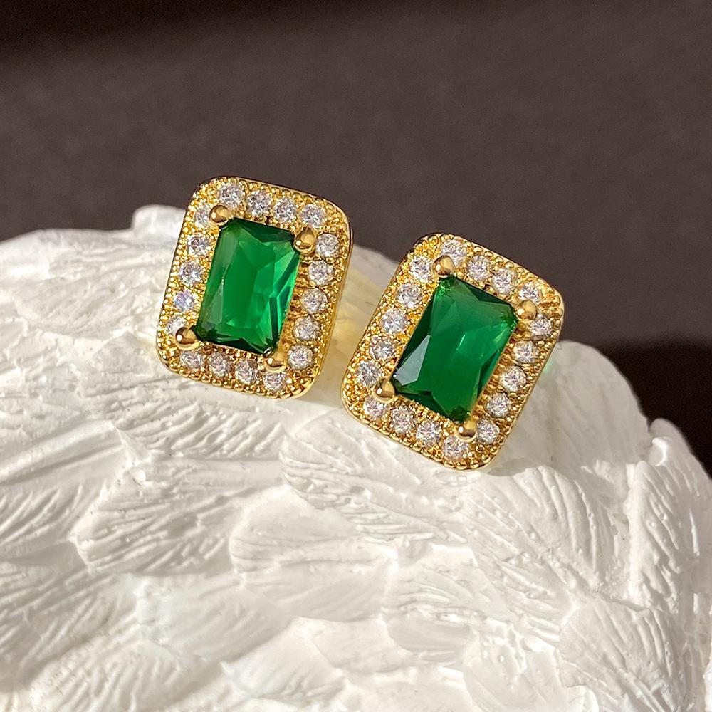 Luxury Golden Green Crystal Stud Earrings for Women, Sparkly Rectangle CZ Halo Earrings, Elegant Gem Look Jewelry, Chic Everyday Party Gift Accessory