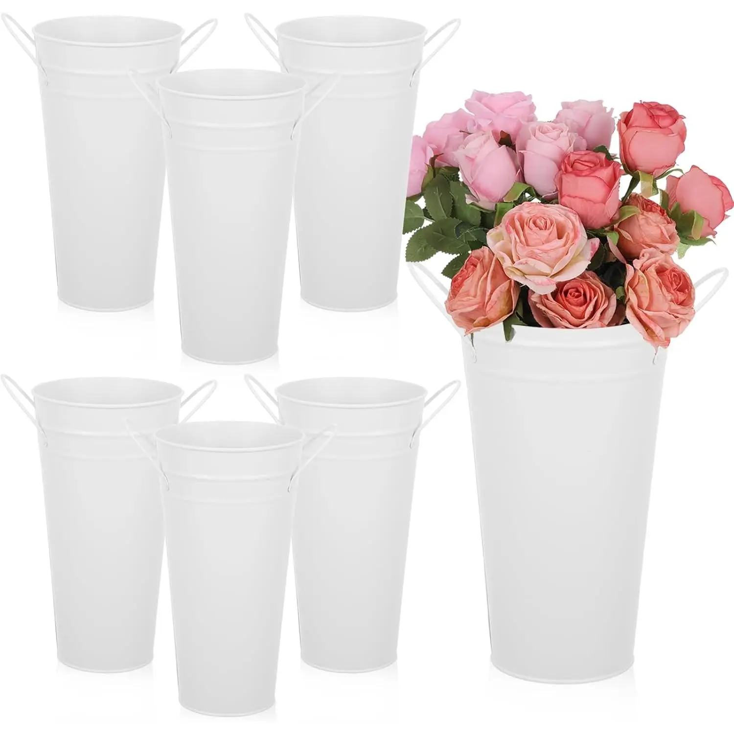 Metal Vases for Flowers, 6 Pcs White Galvanized Bucket Bar 10 Inch Flower Bucket and Metal Vase with Handles Farmhouse Vases for Wedding and Cut Flowers Balcony Garden