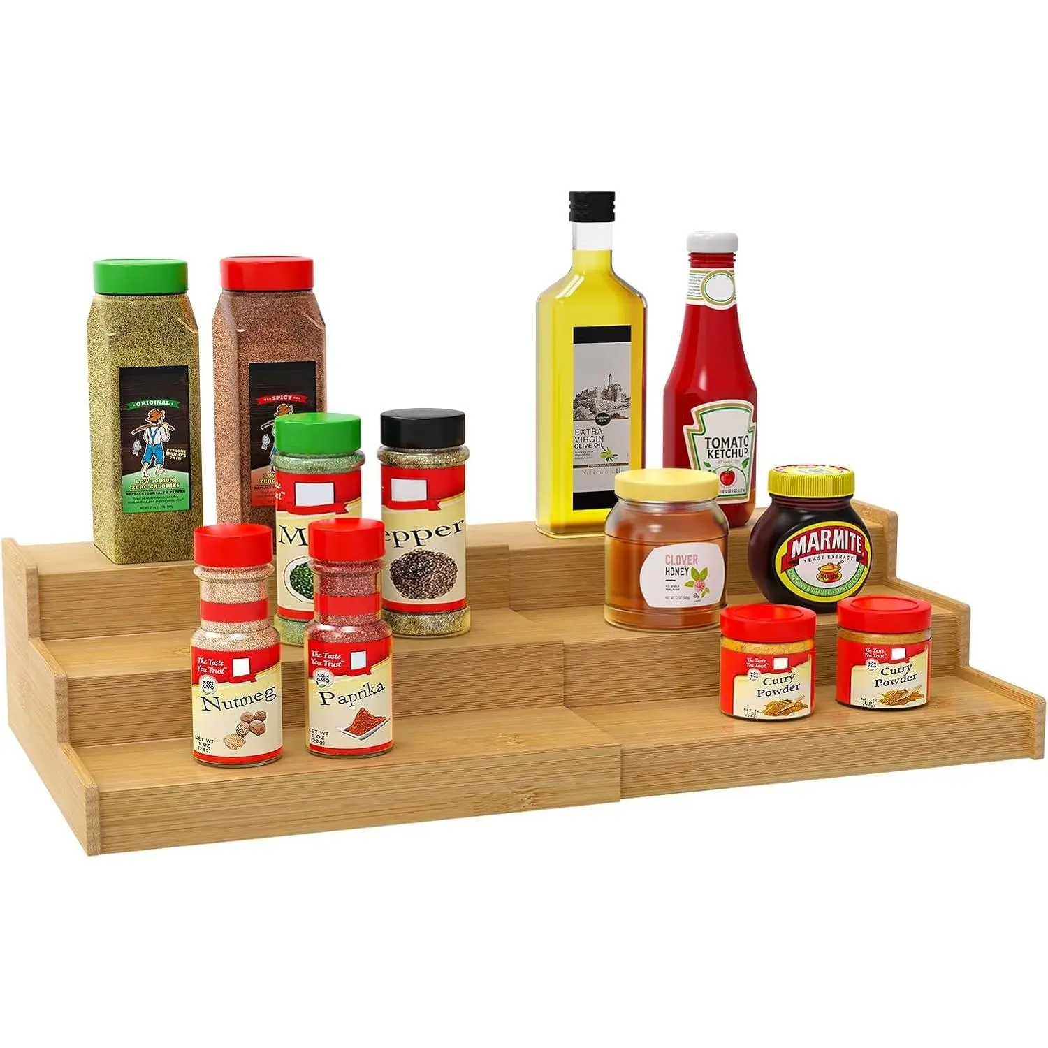 3-Tier Retractable Bamboo Spice Rack Organizer - Nature, Smooth Cabinet Rack for Kitchen Containers, Pantry Storage, Three Levels