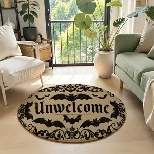 Round Unwelcome Bat Skull Doormat, Vintage Gothic Baroque Scroll Halloween Front Door Mat, Non Slip Spooky Funny Entrance Rug for Indoor Outdoor Porch Home Decor