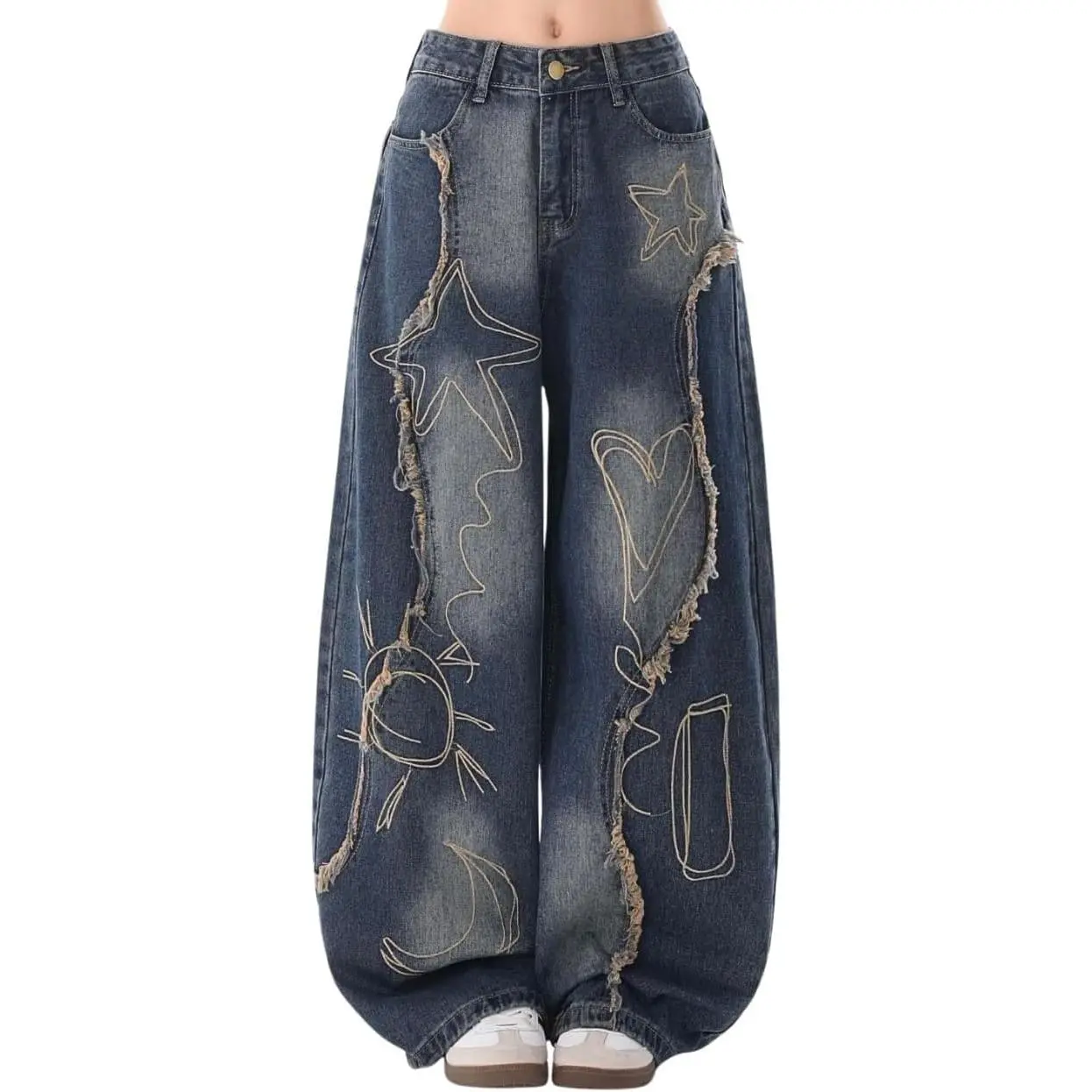 Baggy Jeans Women Girls Star Cute Barrel Jeans Embroidered Patchwork Denim Pants Grunge Trendy Y2k Pants