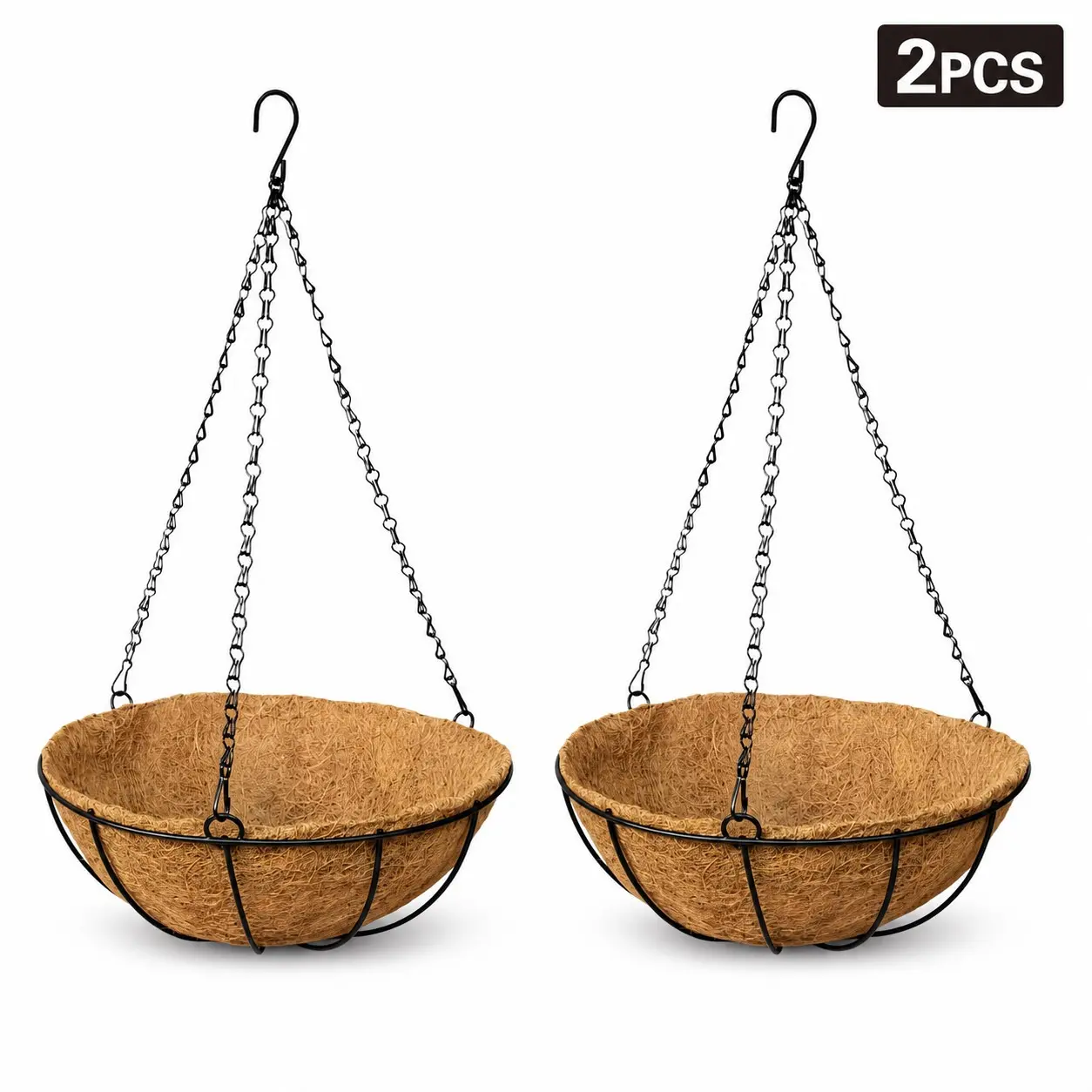 8 Inch Hanging Basket Planter with Natural Coco Fiber Liner, Rustic Metal Chain, Ideal for Balcony, Garden, Patio, Porch, Outdoor Decor