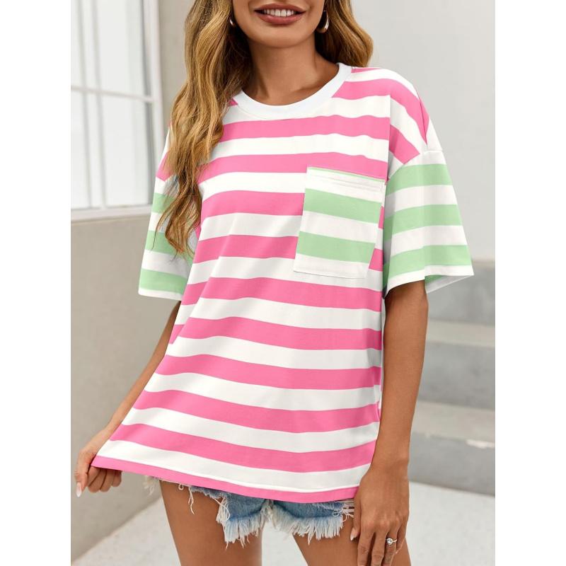 Womens Oversized Color Block Striped Tshirts Summer Casual Short Sleeve Tops Loose Fit Crew Neck Shirts