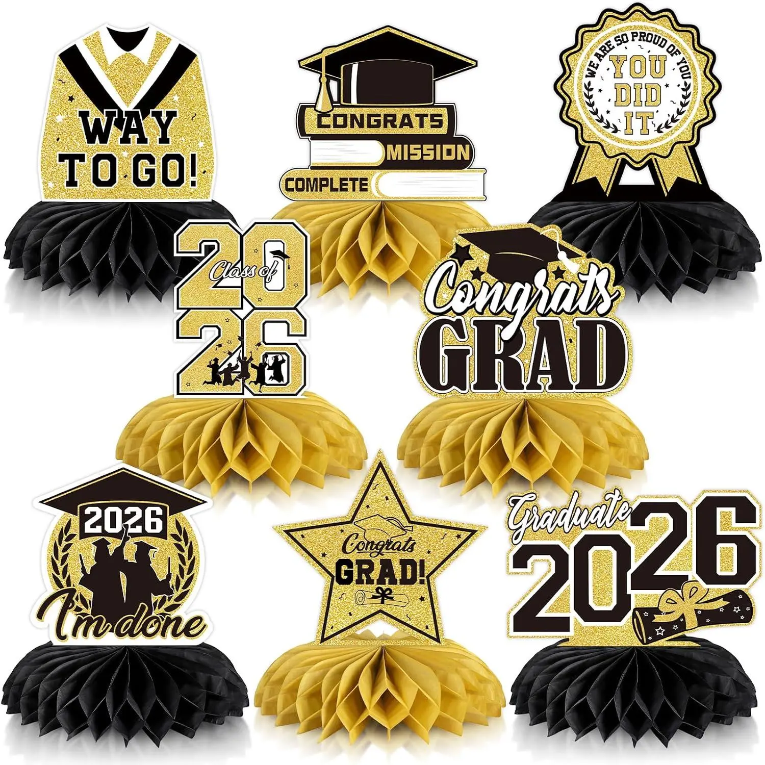 8 PCS Graduation Party Decorations Class of 2026 Honeycomb Centerpieces for Graduation Table Decor.
