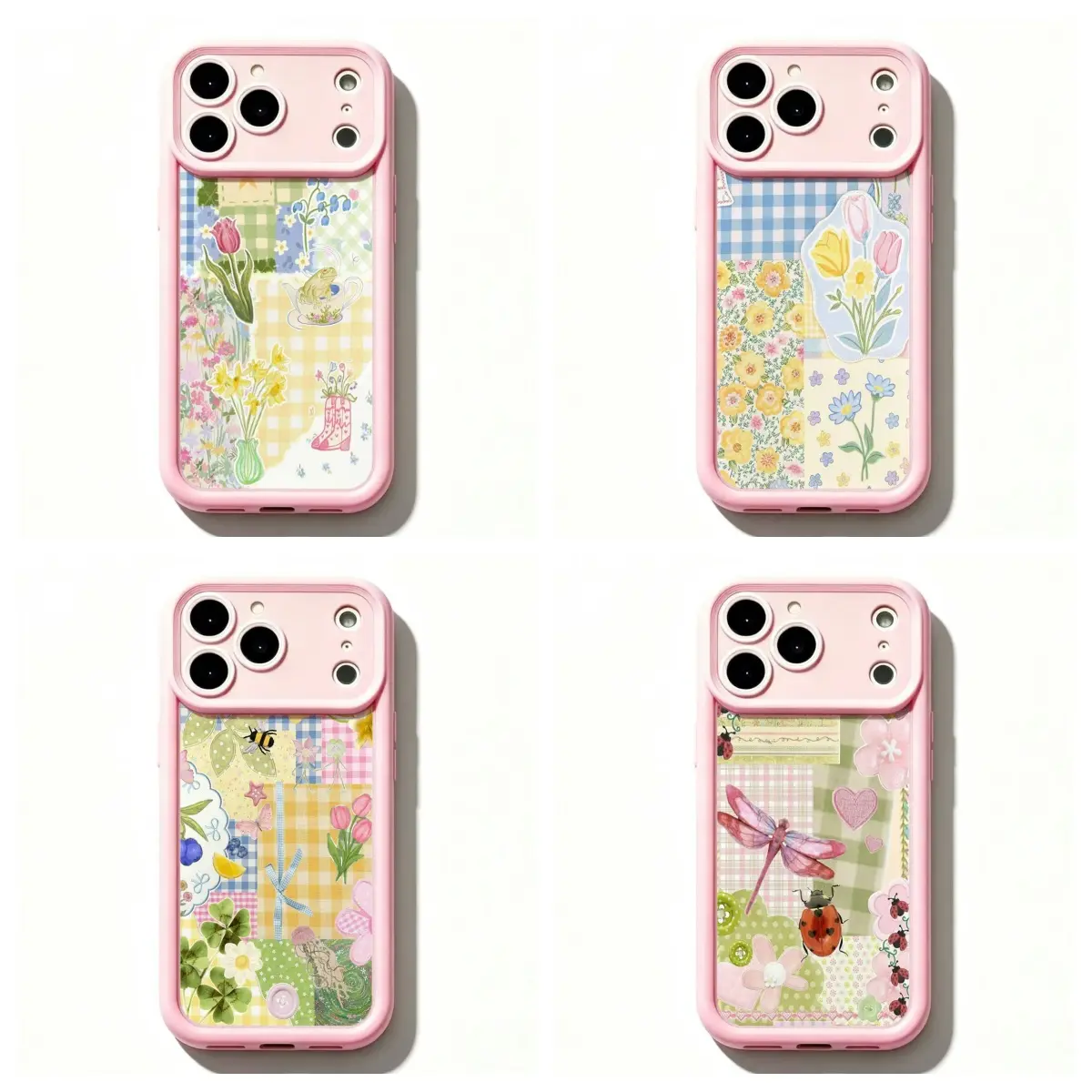 4 Styles Cottagecore Patchwork Floral Phone Case for iPhone 17 16 15 14 13 12 11 Mini Air Plus Pro Max Cute Vintage Garden Plaid Tulip Dragonfly Bee Ladybug Shockproof Soft TPU Protective Cover Birthday Gift for Her