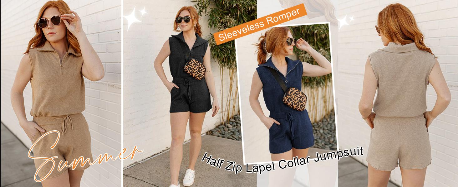 PiePieBuy Women's Casual Sleeveless Short Rompers Summer Half Zip Lapel Collar Drawstring Knit One Piece Jumpsuit with Pockets