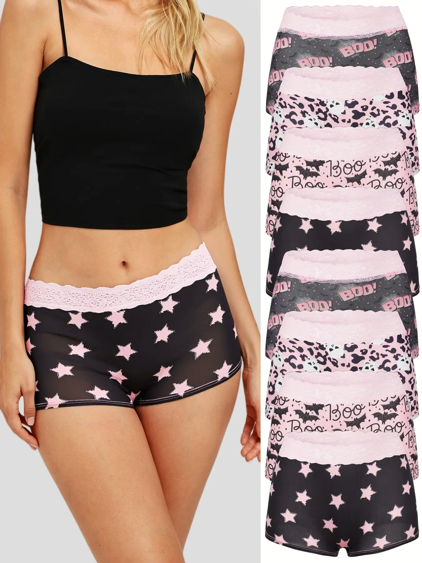 8-Pack Pink Lace Waist Halloween Print Women Boyshort Underwear, Spooky Boo Bat Star Leopard Pattern Gothic Pastel Goth Boxer Shorts, Alt Girl Y2K Soft Girl Casual Boyshort Panties Multipack