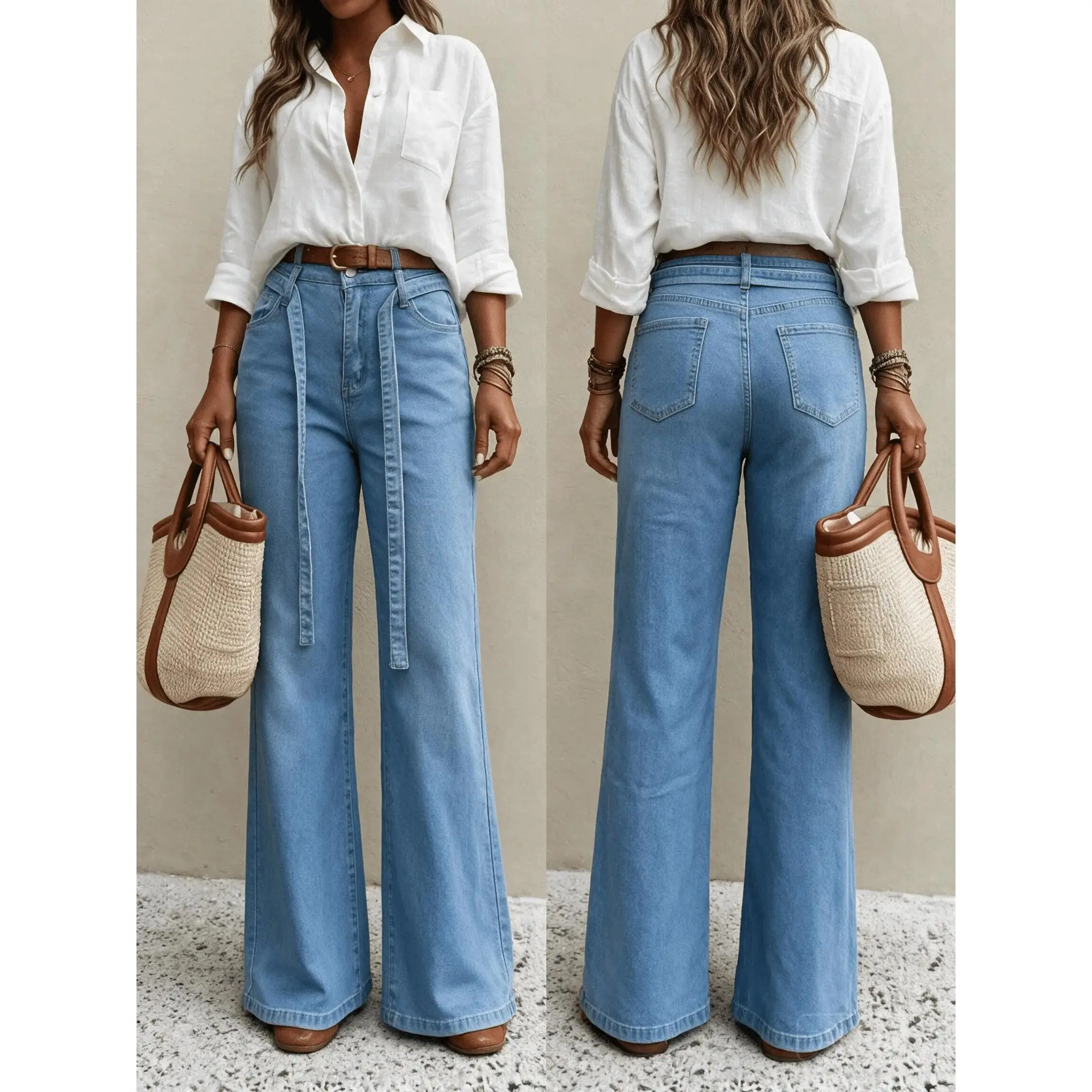 Women'S High-Waist Wide-Leg Jeans with Detachable Tie Belt, Light Blue Washed Relaxed Floor-Length Denim Trousers, Stretch Loose Flare Tummy Control Jeans with Pockets for Casual Daily Wear